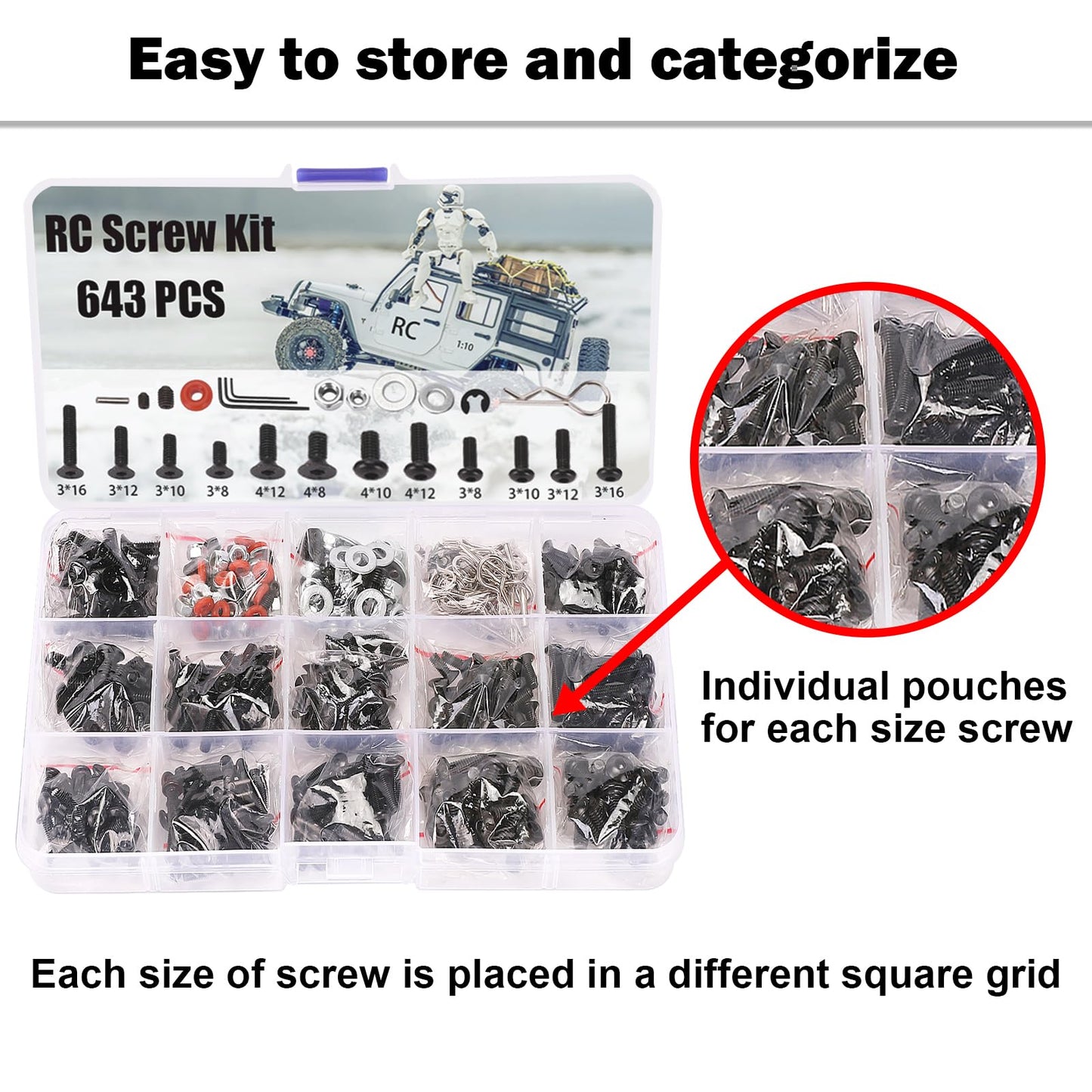 RC Screw Kit 643 PCS RC Car Parts Hardware Fasteners Assortment for Traxxas Axial Redcat HPI Arrma Losi 1/8 1/10 1/12 1/16 Scale