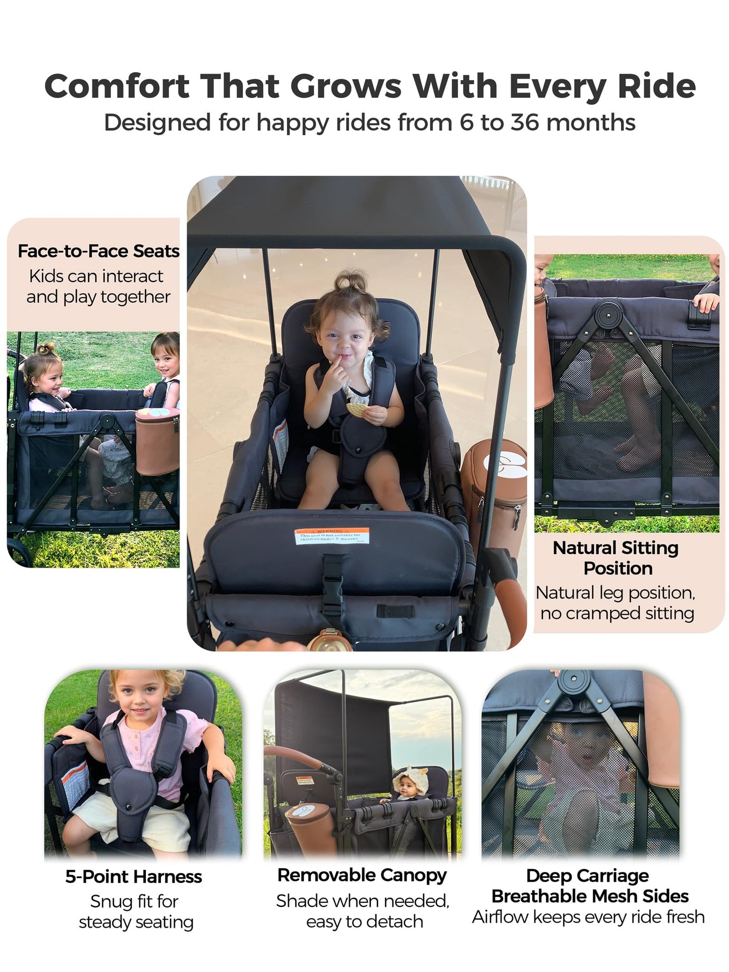 MonGianda Wagon Stroller for 2 Kids, All-Terrain, Foldable, 5-Point Harness, Insulated Snack Pack, Adjustable Handle, Gray, Model BGTFW001