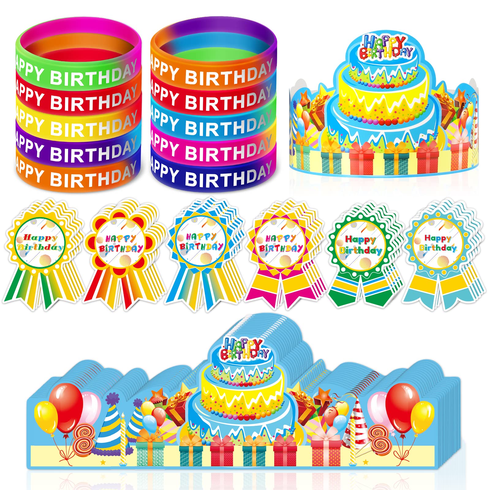 90 Pcs Happy Birthday Kits for Kids Classroom, Include Happy Birthday Crowns, Silicone Stretches, Badge Stickers, Students Kinde