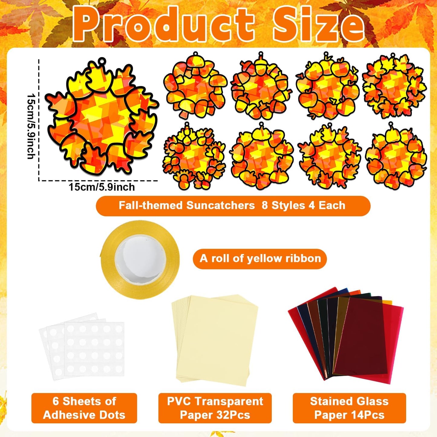 32 Sets Fall Thanksgiving Wreath Suncatchers Craft Kit DIY Window Stained Glass Effect autumn Wreath Paper Crafts Home School Cl