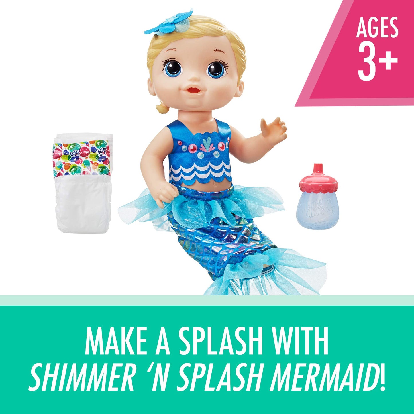 Baby Alive Shimmer ‘n Splash Mermaid Doll, Brown Hair, Plastic, Model E3693