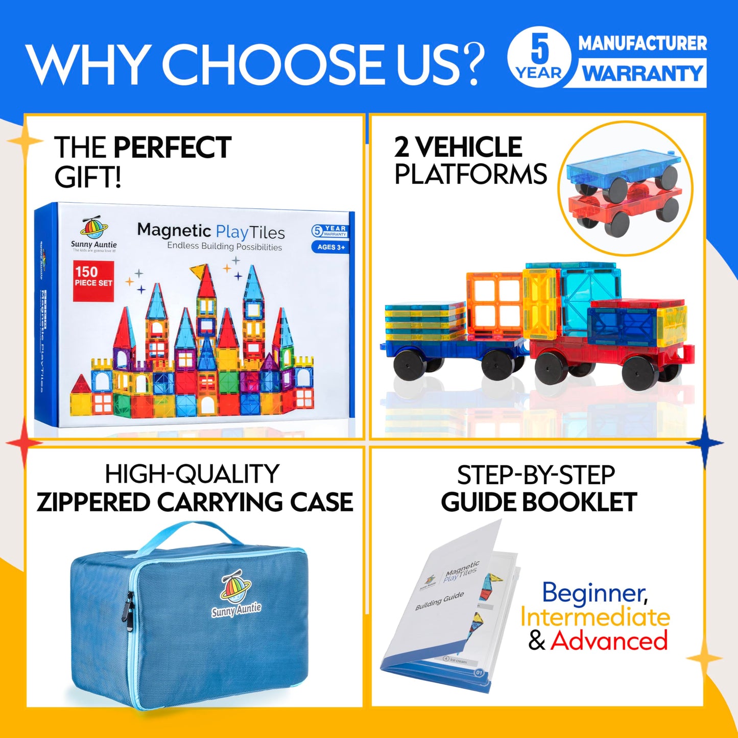 Sunny Auntie Magnetic Tiles 150 Pcs+ Bonus Zippered Case, Magnetic Tiles For Kids Toy For 3 4 5 6 7 8 Year Old Boys & Girls, Great Gift For Kids Aged 3-8, Xl Set