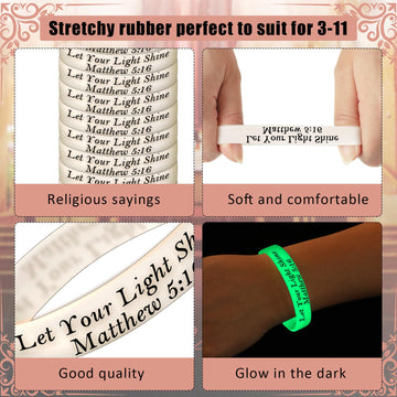 Chitidr 100 Pcs 8'' Christian Bracelets Let Your Light Shine Matthew 5: 16 Bible Verse Christian Wristbands Glow in the Dark Sil