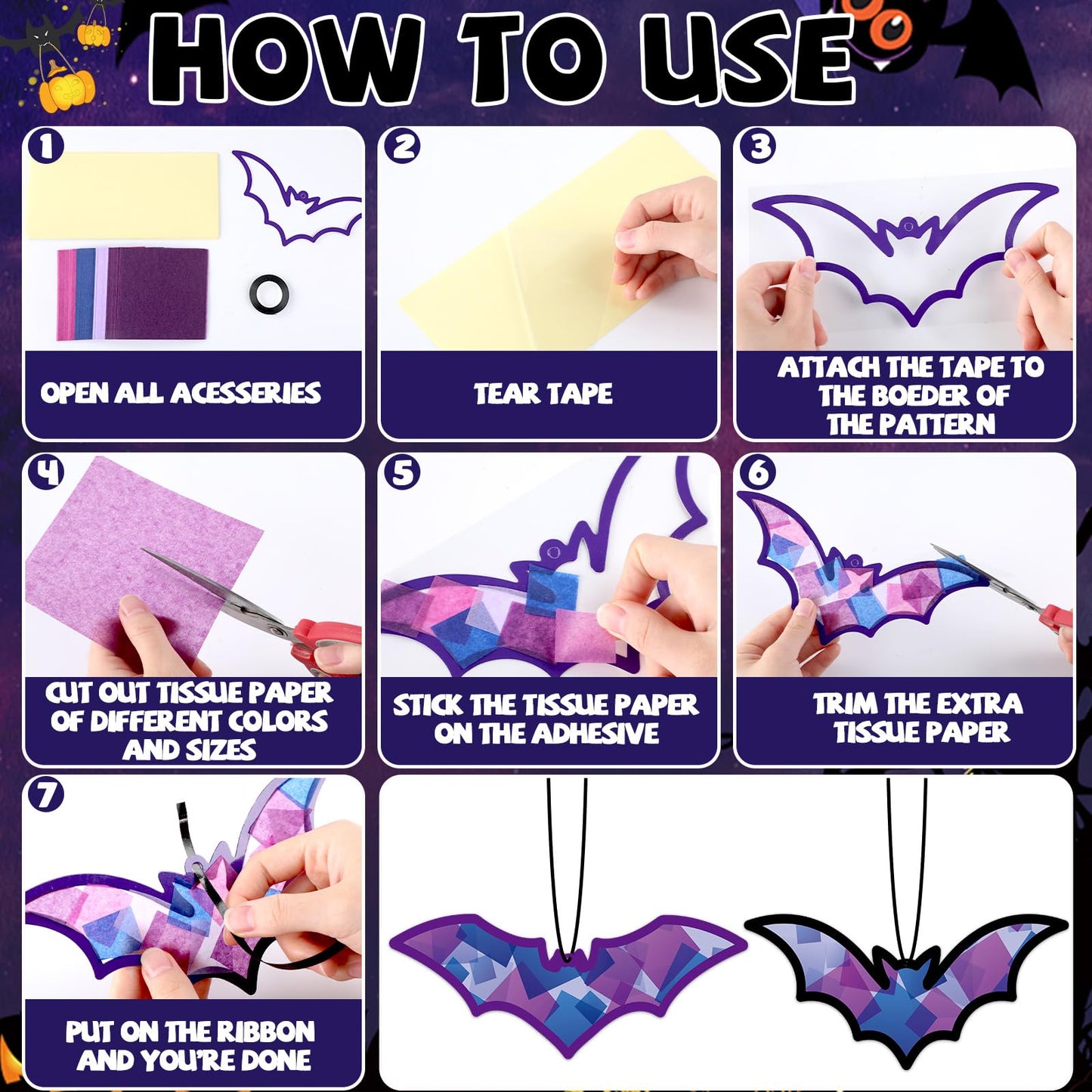 Qyeahkj 36 Set Halloween Bat Suncatchers Crafts for Kids DIY Hanging Bat Window Tissue Paper Crafts Kit Bat Hanging Decor for Ha