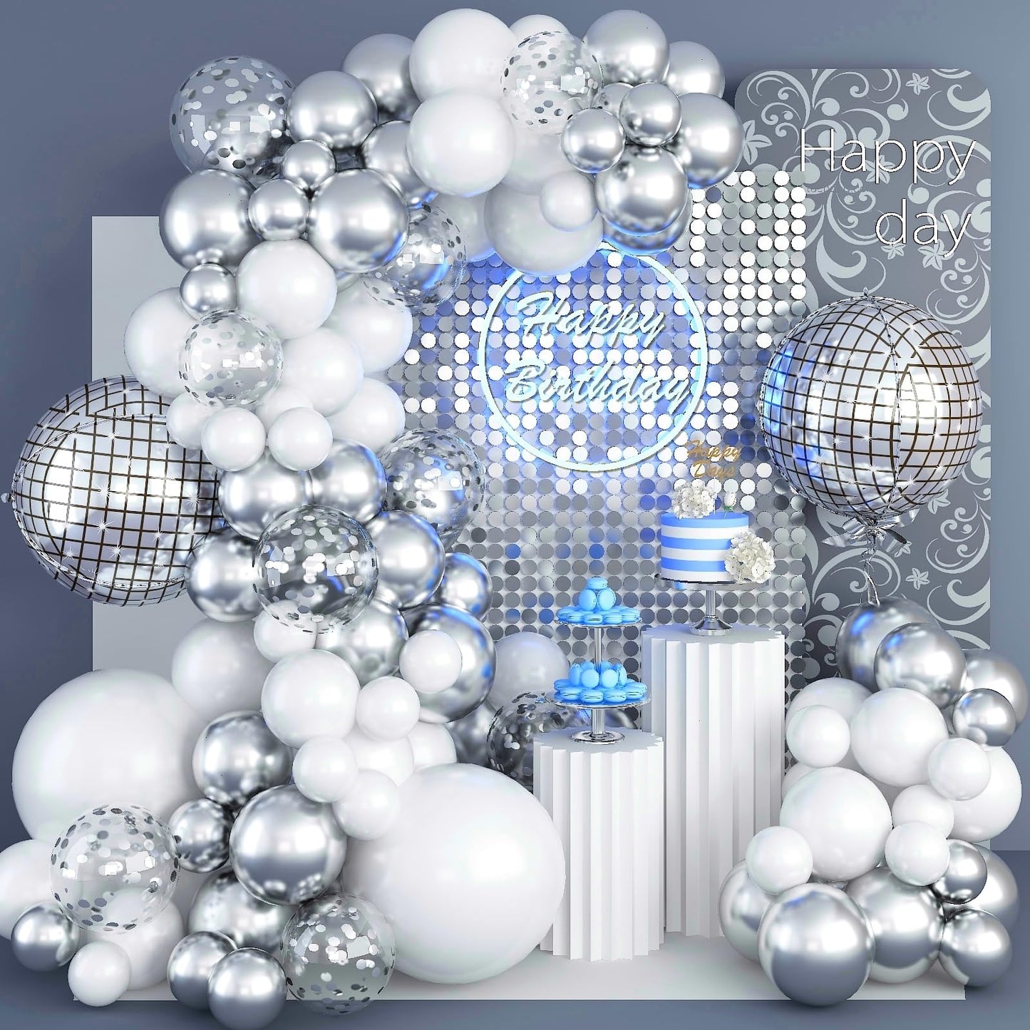 Disco Ball Balloons Arch Kit, White And Silver Balloons Different Sizes Garland With Large Metallic Silver Mirror Balls Balloons