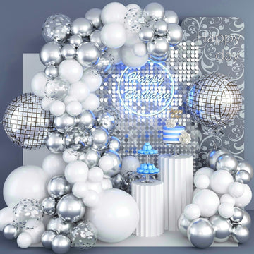 Disco Ball Balloons Arch Kit, White And Silver Balloons Different Sizes Garland With Large Metallic Silver Mirror Balls Balloons