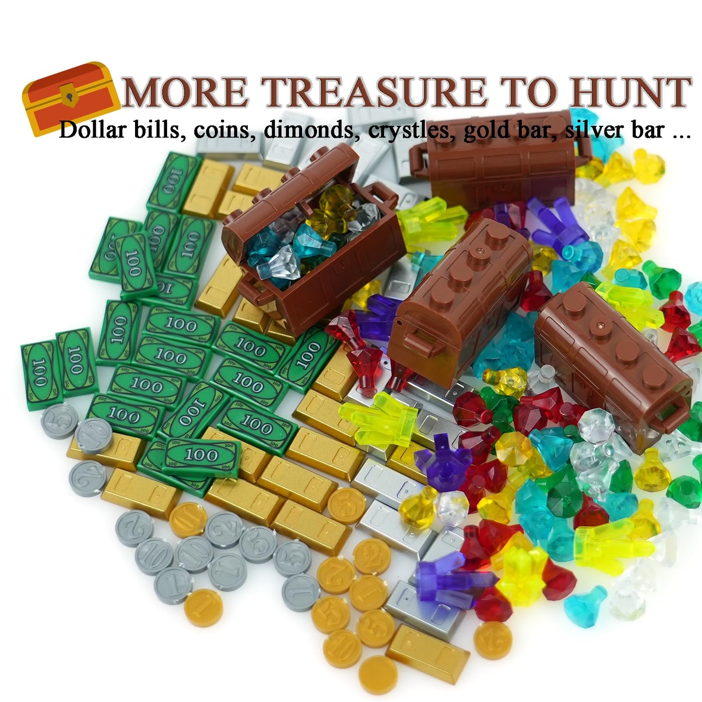 Pirates Treasure Chest Money Dollars, Silver Golden Gems Crystals Bag Torch Cannon Bricks Accessories Pack, Building Blocks Toys