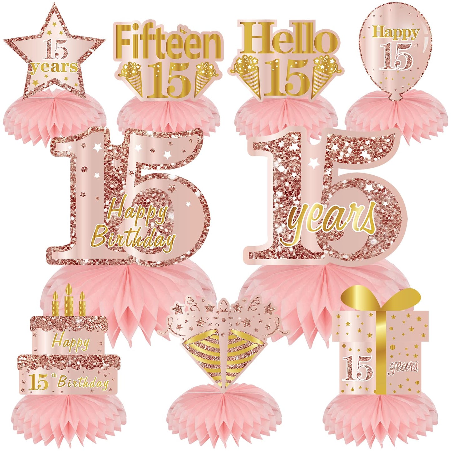 Turypaty Pink Rose Gold 15Th Birthday Honeycomb Centerpieces Decorations For Girls, 9Pcs Rose Gold Happy 15Th Birthday Table Cen