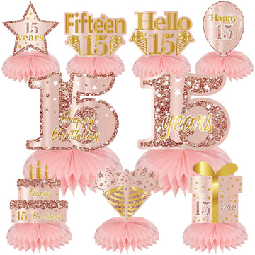 Turypaty Pink Rose Gold 15Th Birthday Honeycomb Centerpieces Decorations For Girls, 9Pcs Rose Gold Happy 15Th Birthday Table Cen