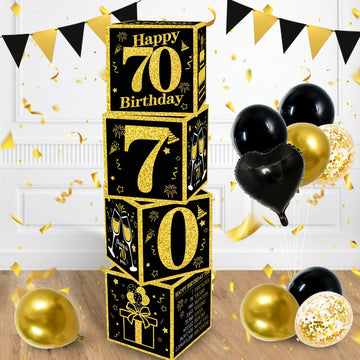 Toniful 4 Pcs 70Th Birthday Decorations Boxes For Men Women,Seventy Years Old Birthday Cardboard Box Party Supplies,Black And Go