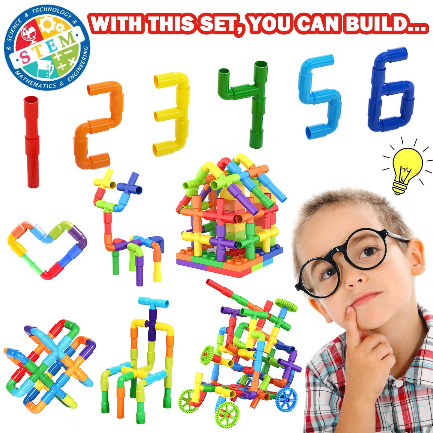 Wishalife 250 Pieces Stem Building Blocks Set, Kids Tube Locks Construction Set With Storage Box, Preschool Educational Learning