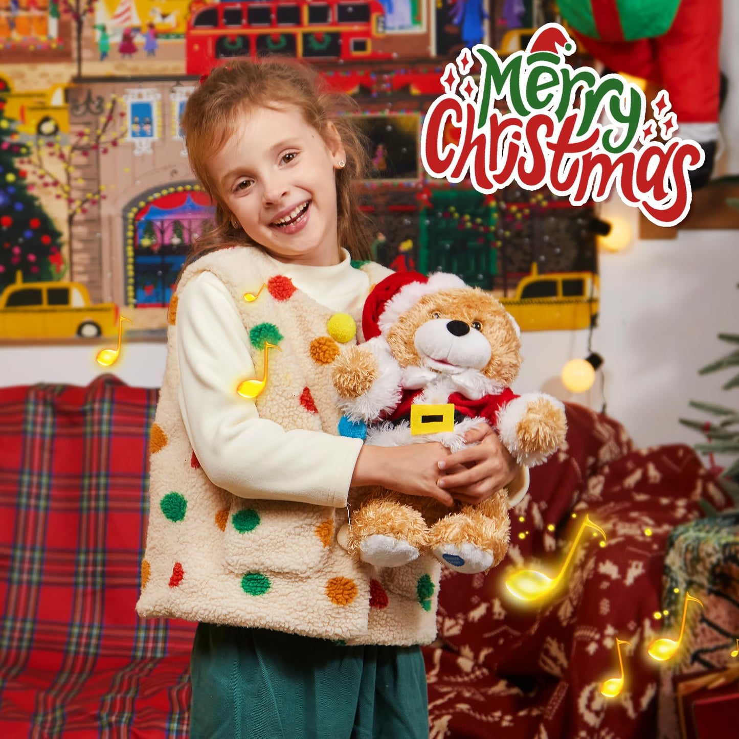 Specialyou Christmas Santa Teddy Bear Singing Stuffed Animal Interactive Musical Plush Electric Toy With Christmas Hat Companion For Kids Girls Boys New Year Decor