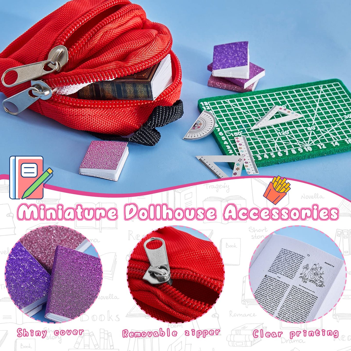 Zhanmai 17 Pcs Mini Stuff Miniature Doll House Accessories - Mini School Supplies For Dolls - Miniature Food Set Hamburger Fries Juice Fast Food Set Pretend Play