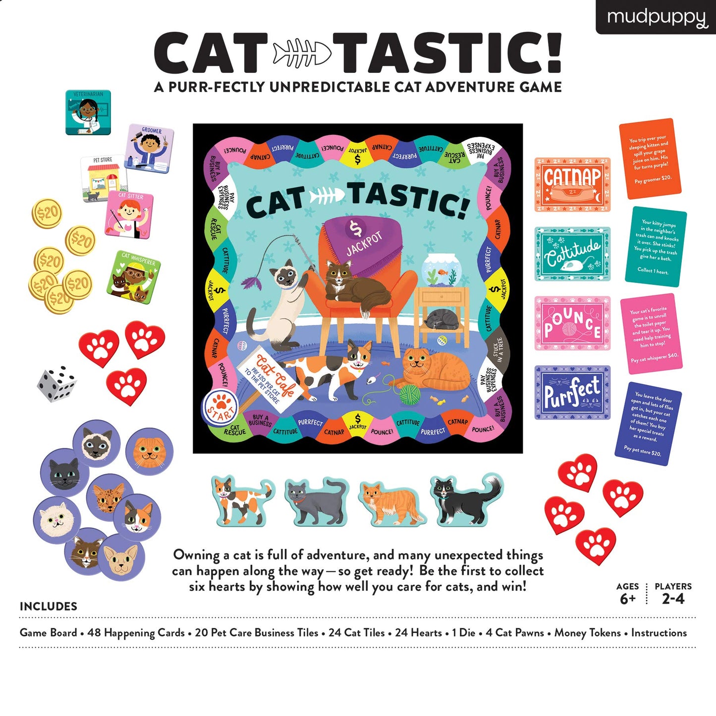 Mudpuppy Cat-Tastic! Board Game for 2-4 Players, Teaches Cat Care Skills, Multicolor, Model 9780735365377, Ideal for Ages 6+