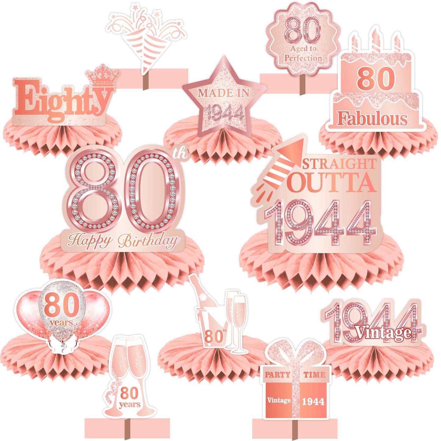 Happy 80Th Birthday Rose Gold Table Honeycomb Centerpieces Balloons Theme Decor Table Decorations Table Toppers For Girls Women Sweet Princess 80 Years Old Pink Birthday Party Bday Supplies Ornament