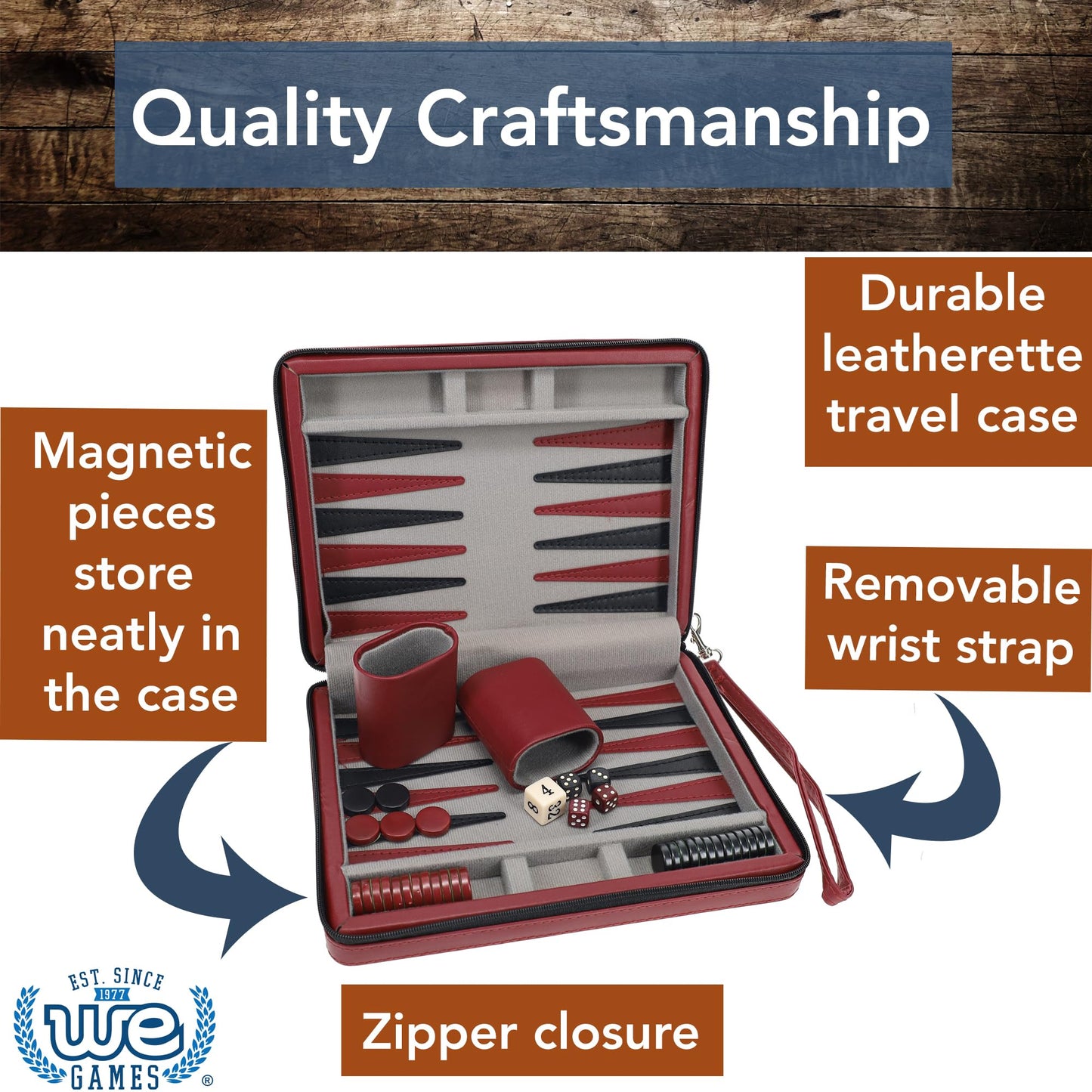 We Games Backgammon Set, Board Games For Adults - Travel Games - Magnetic With Burgundy Leatherette Backgammon Board And Carrying Strap - Travel Backgammon Sets For Adults