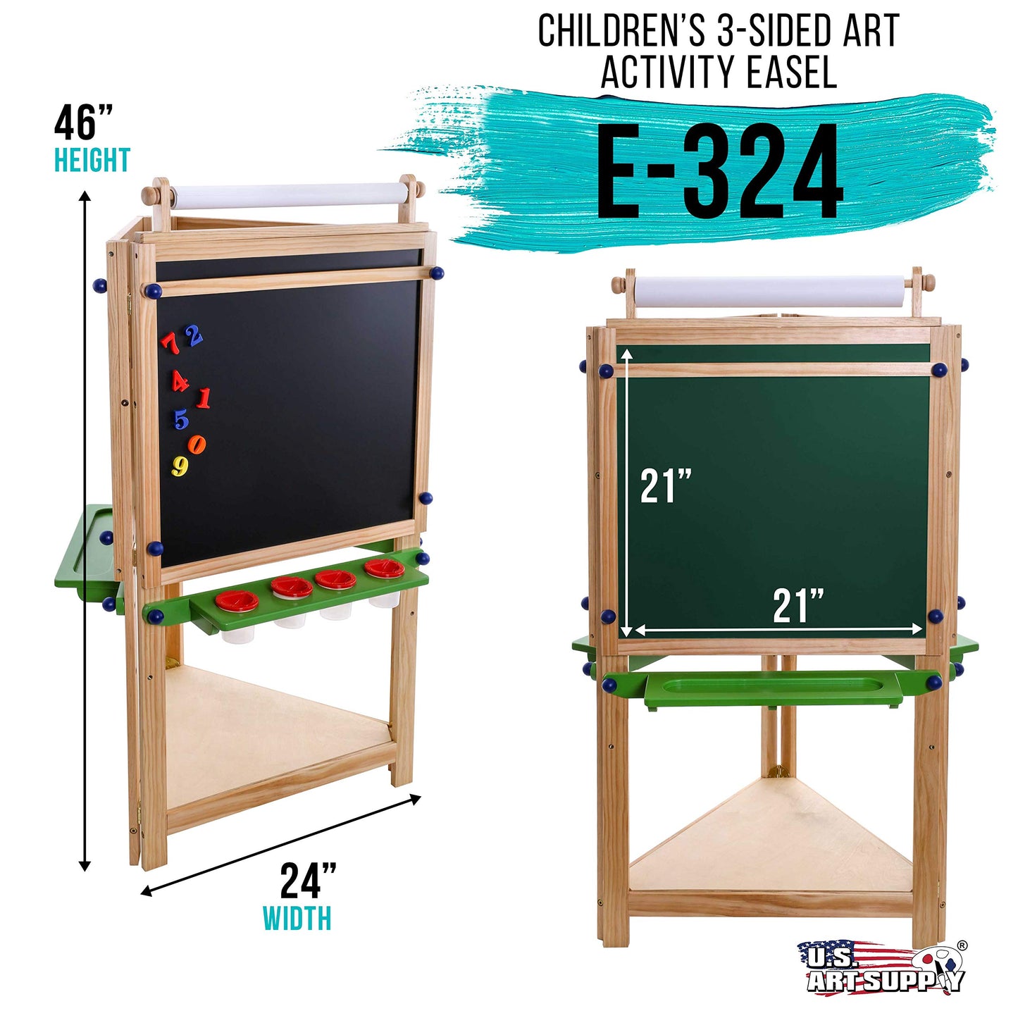 U.S. Art Supply Childrens 3-Sided Art Activity Easel with Chalkboard, Large Paper Roll, Shelf & Plastic Paint Cups