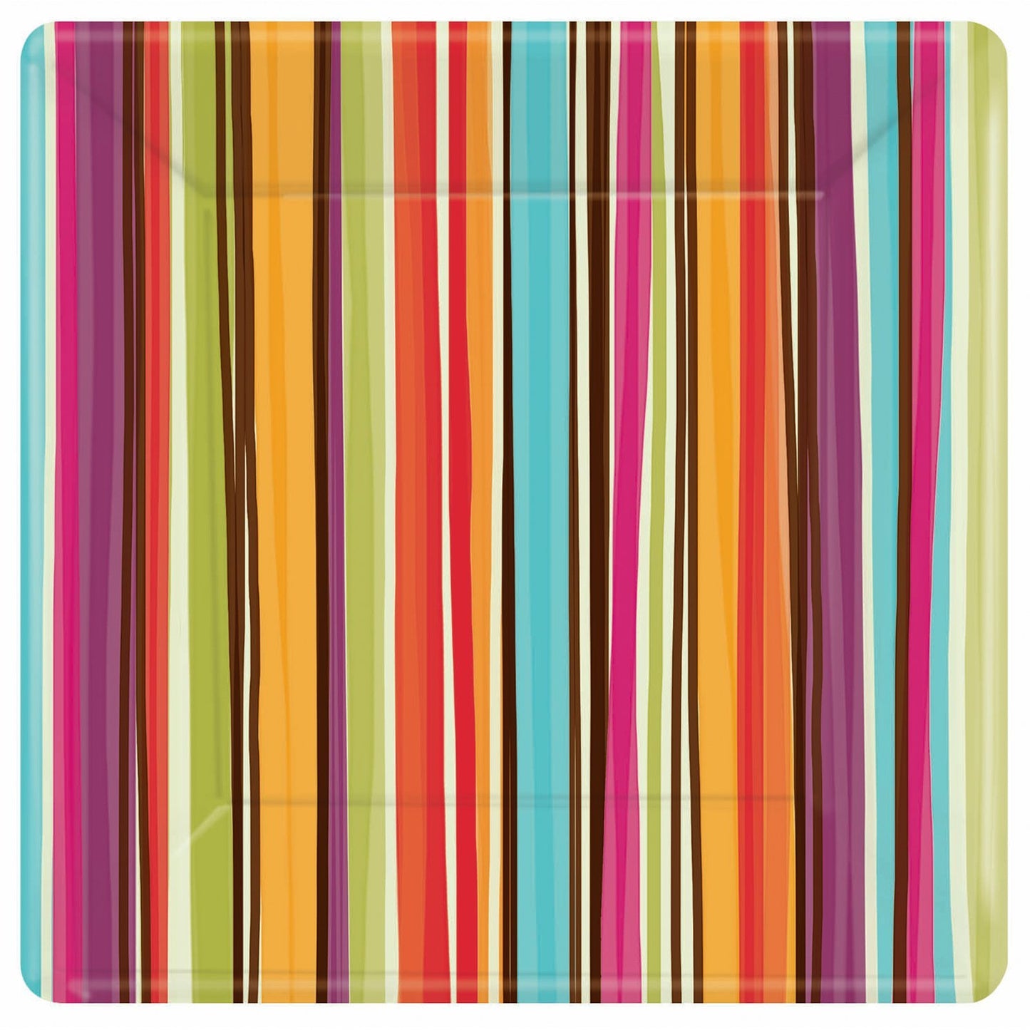 Amscan Disposable Square Dinner Plates in Stylish Stripes Print (8 Pack), 10 x 10, Orange/Light Blue/Hot Pink/Violet/Brown/Avoca