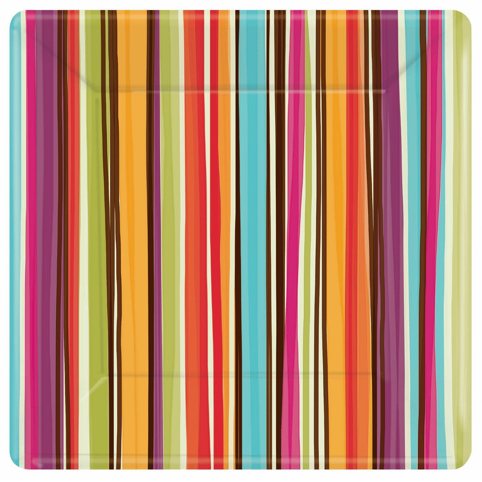 Amscan Disposable Square Dinner Plates in Stylish Stripes Print (8 Pack), 10 x 10, Orange/Light Blue/Hot Pink/Violet/Brown/Avoca