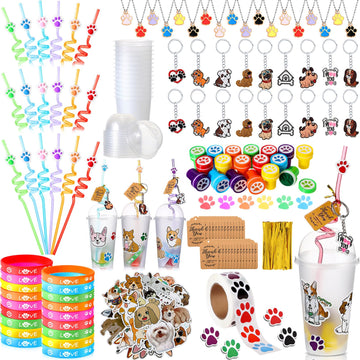 Gejoy 178 Pcs Dog Paw Party Favors Set Includes Paw Straws Cups Silicone Bracelet Keychain Stamper Sticker Pendant Chain Thank Y