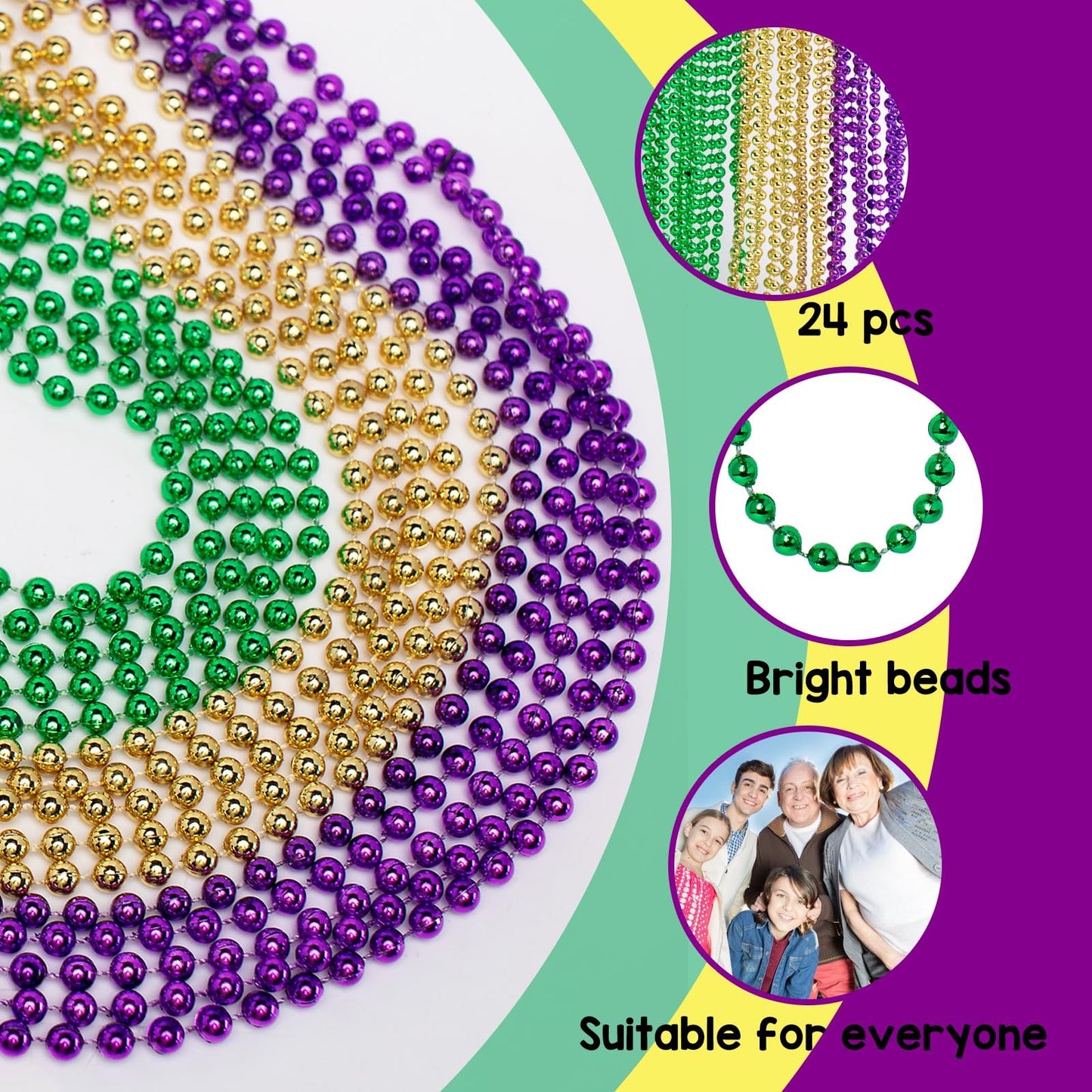 Artlunar 24 Pcs Mardi Gras Beads, Metallic Colorful Bead Necklace Party Favors, 33'' Mardi Gras Beads For Parade Throws Party De