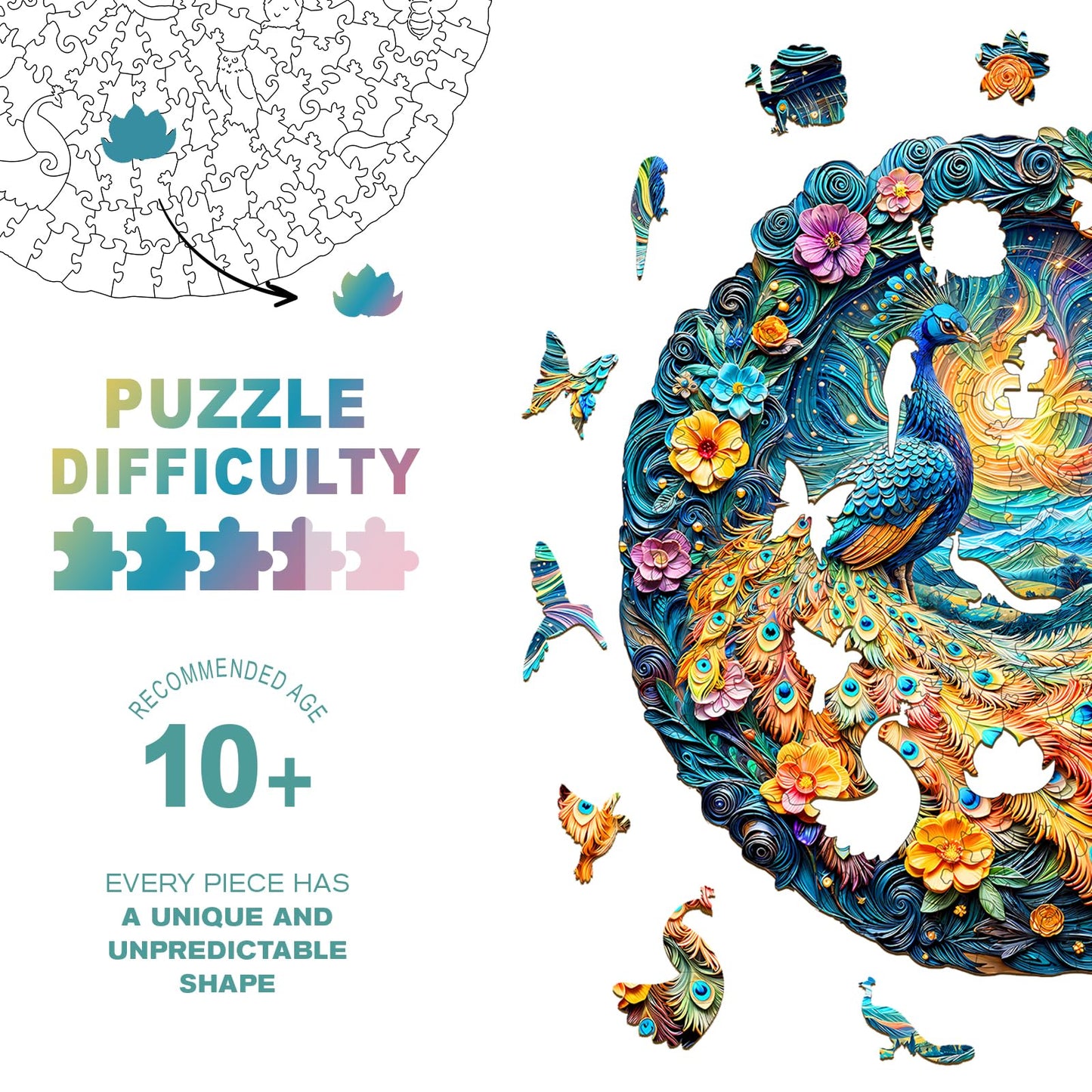 Wooden Puzzles for mature-themeds  Unique Animal Shaped mature-themeds Puzzle  Peacock Wooden Jigsaw Puzzles mature-themed  Challenging Creative Gifts Family Games 11.4 * 11.4in 200pcs