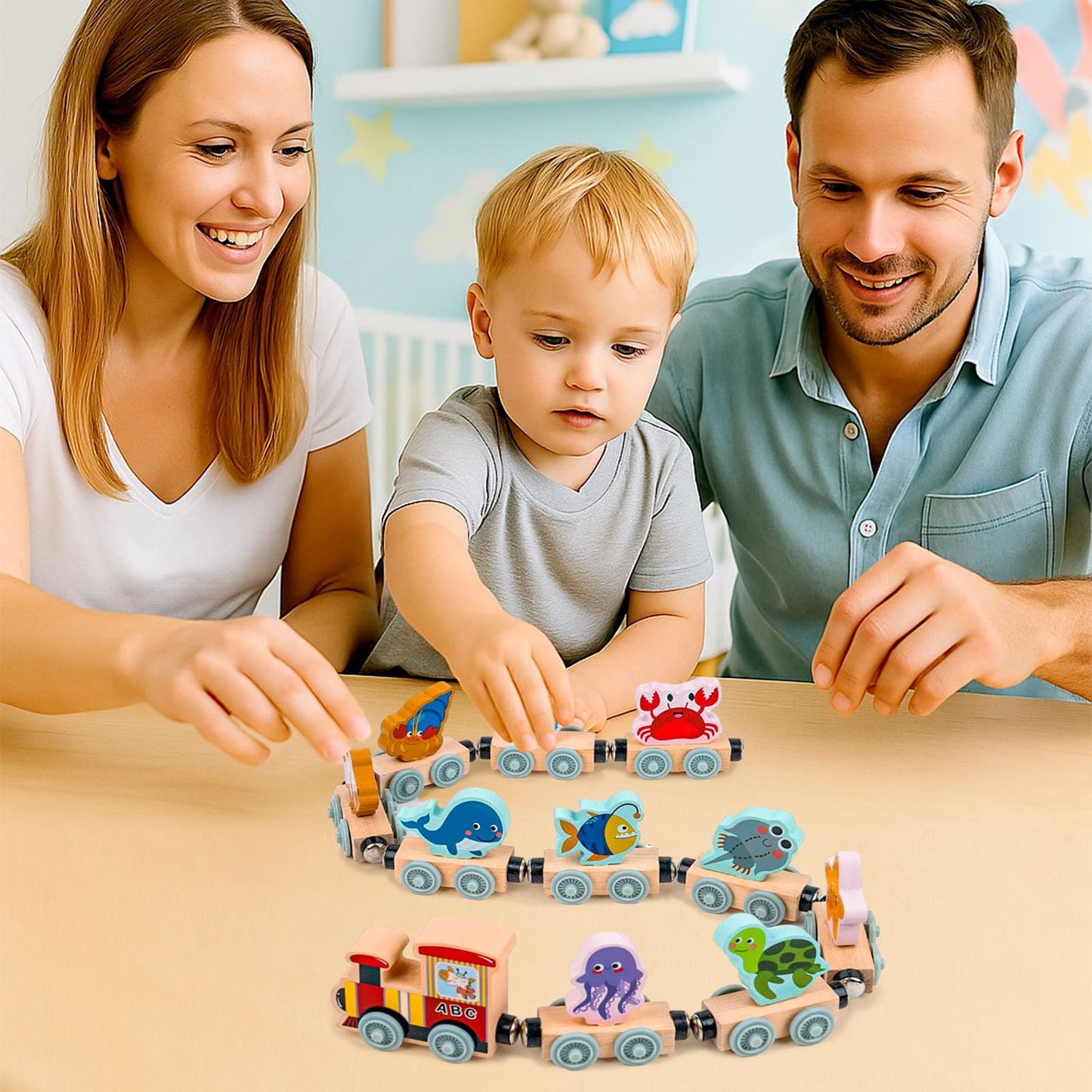 LovesTown Wooden Sea Animal Train Set, Montessori Educational Toy for Kids, 11 PCS, Multi Color, Ideal Toddler Birthday Gift