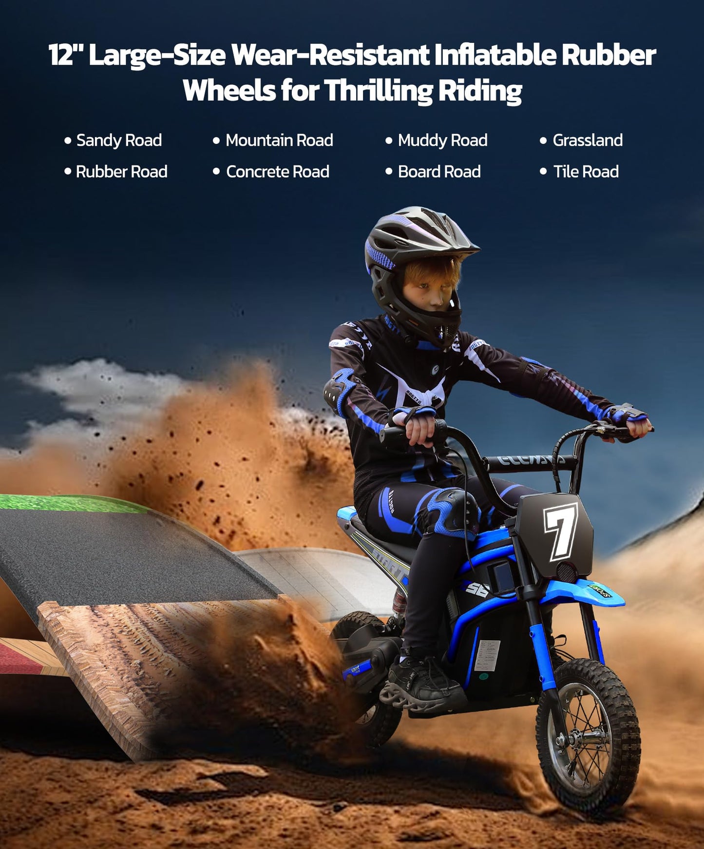 Elemara Electric Dirt Bike, 24V Ride On Toys For Big Kids, 350W Kids Motorcycle With Music & Bluetooth, 15.5 Mph & 150Lb Max, Twist-Grip Throttle & Hand-Operated Rear Brake, 12' Air-Filled Tires-Blue