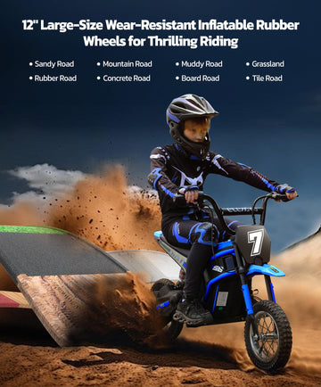 Elemara Electric Dirt Bike, 24V Ride On Toys For Big Kids, 350W Kids Motorcycle With Music & Bluetooth, 15.5 Mph & 150Lb Max, Twist-Grip Throttle & Hand-Operated Rear Brake, 12' Air-Filled Tires-Blue
