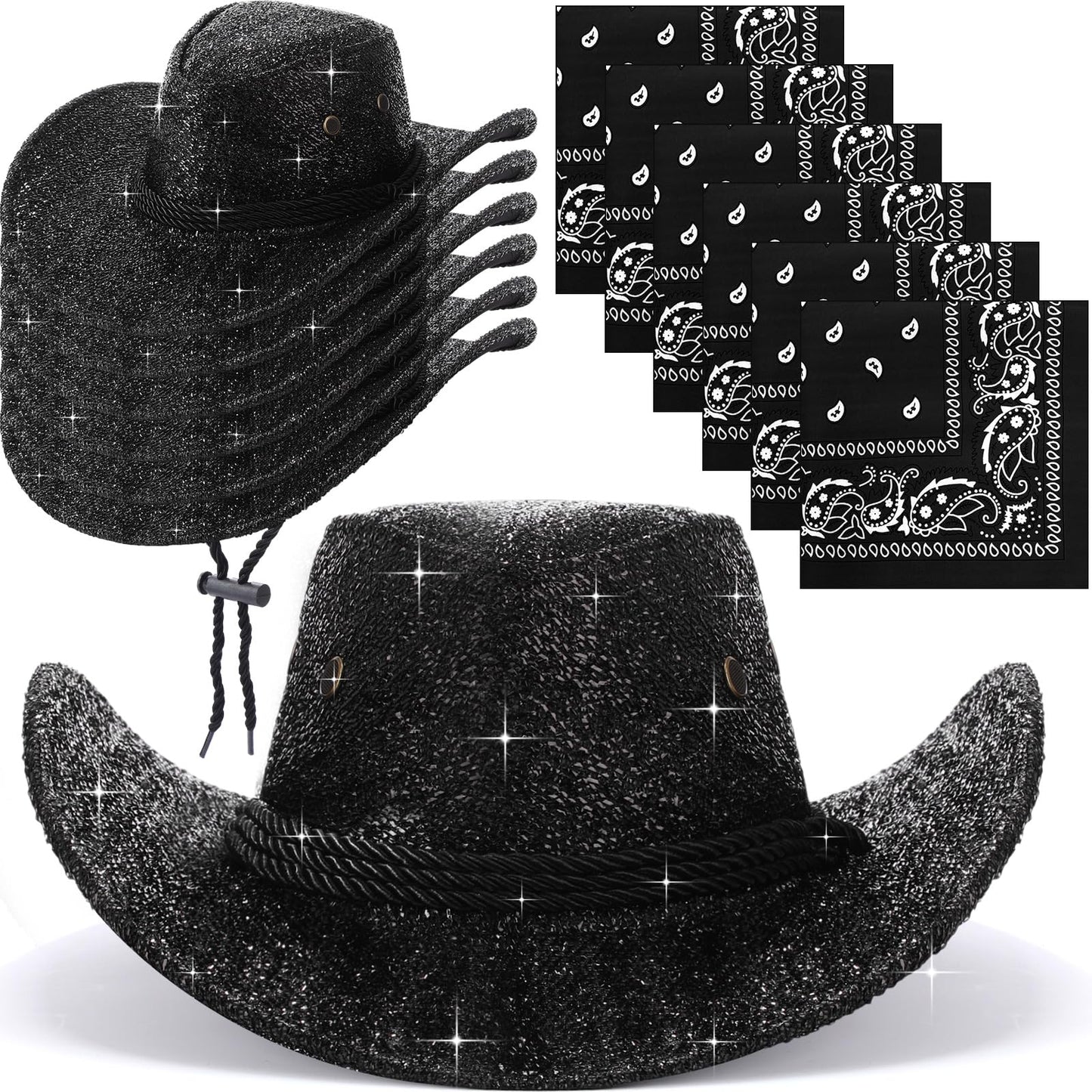 Zhanmai 12 Pcs Cowboy Hat and Bandana Cowboy Cowgirl Hats Bulk Western Party Costume Halloween Accessory(Black,Sparkly Polyester