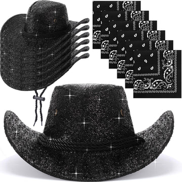Zhanmai 12 Pcs Cowboy Hat and Bandana Cowboy Cowgirl Hats Bulk Western Party Costume Halloween Accessory(Black,Sparkly Polyester