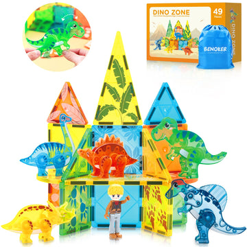 Benoker Dinosaur Magnetic Tiles,Animals Magnet Building Blocks Toys Dino World,3D Stem Educational Magnet Tiles For Boys Girls K