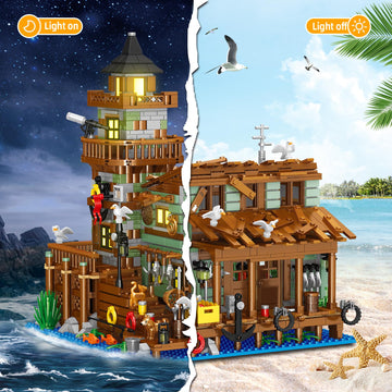 Fishing Village Store House Building Set With Led Light, 1881 Pcs Wood Cabin Mini Building Block, Stem Architecture Toys Kit, Birthday Gift For Adults Ages 8-12+ Years(Not Compatible With Set )