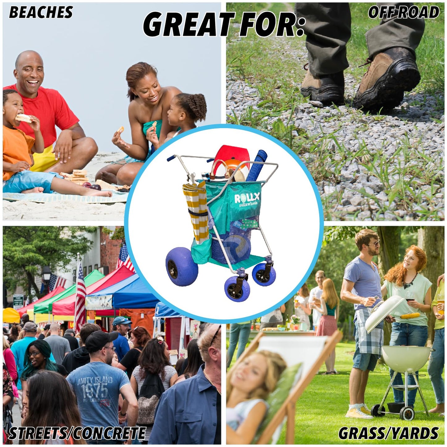 Rollx Beach Cart With 4 Balloon Wheels For Sand, Foldable Storage Wagon With Rear 13 Inch Beach Tires, Front 7 Inch Beach Tires