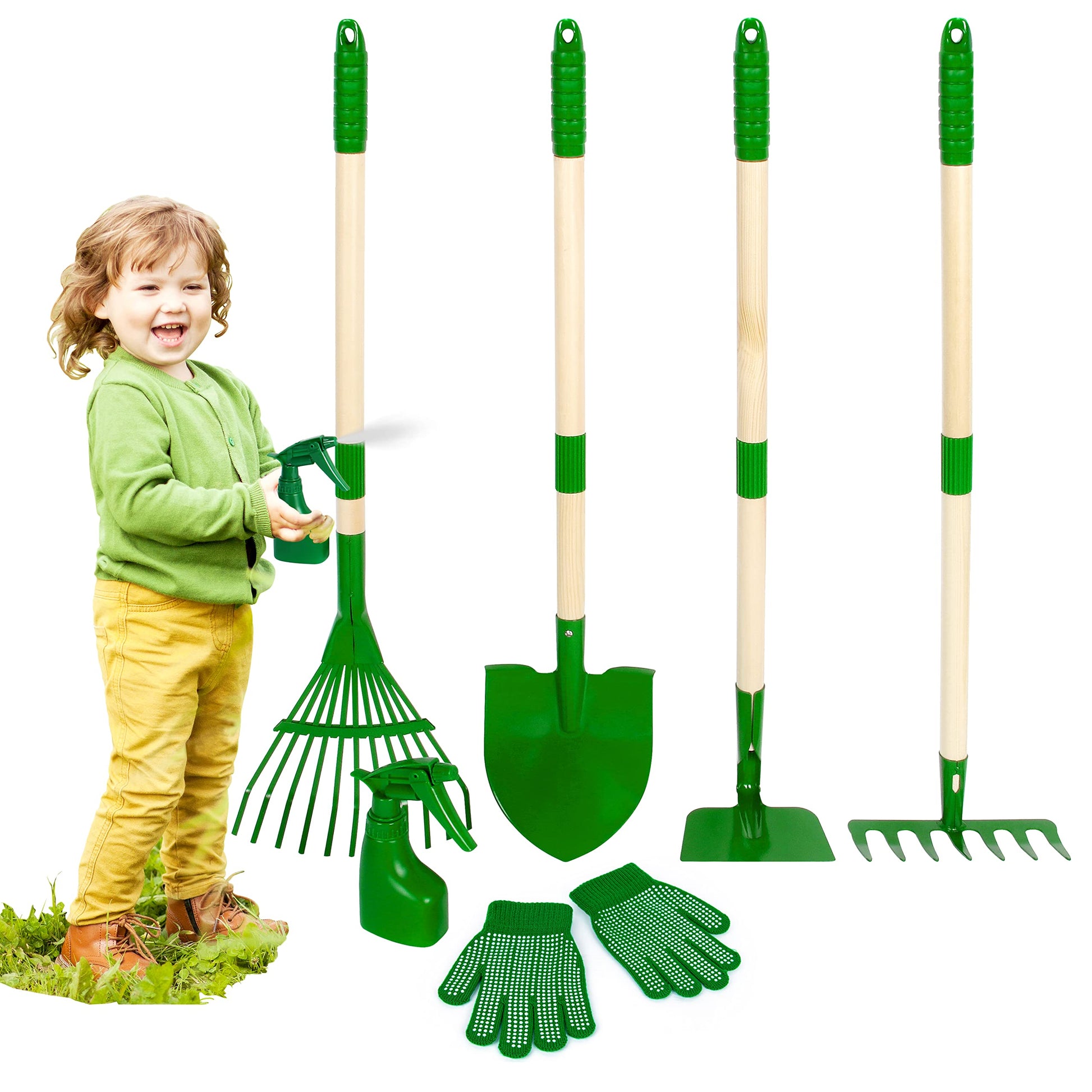 Duckura Kids Gardening Tools Set - 7Pcs Garden Tool For Kids With Shovel, Rake, Hoe, Leaf Rake, Outdoor Summer Yard Lawn Digging