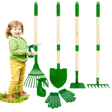 Duckura Kids Gardening Tools Set - 7Pcs Garden Tool For Kids With Shovel, Rake, Hoe, Leaf Rake, Outdoor Summer Yard Lawn Digging