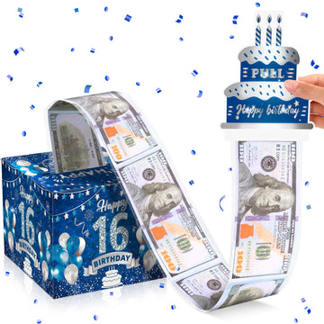 Blue Silver 16Th Birthday Money Box For Cash Gift Pull, Surprise Money Gift Money Box With Birthday Pull Out Card & 30Pcs Bags F