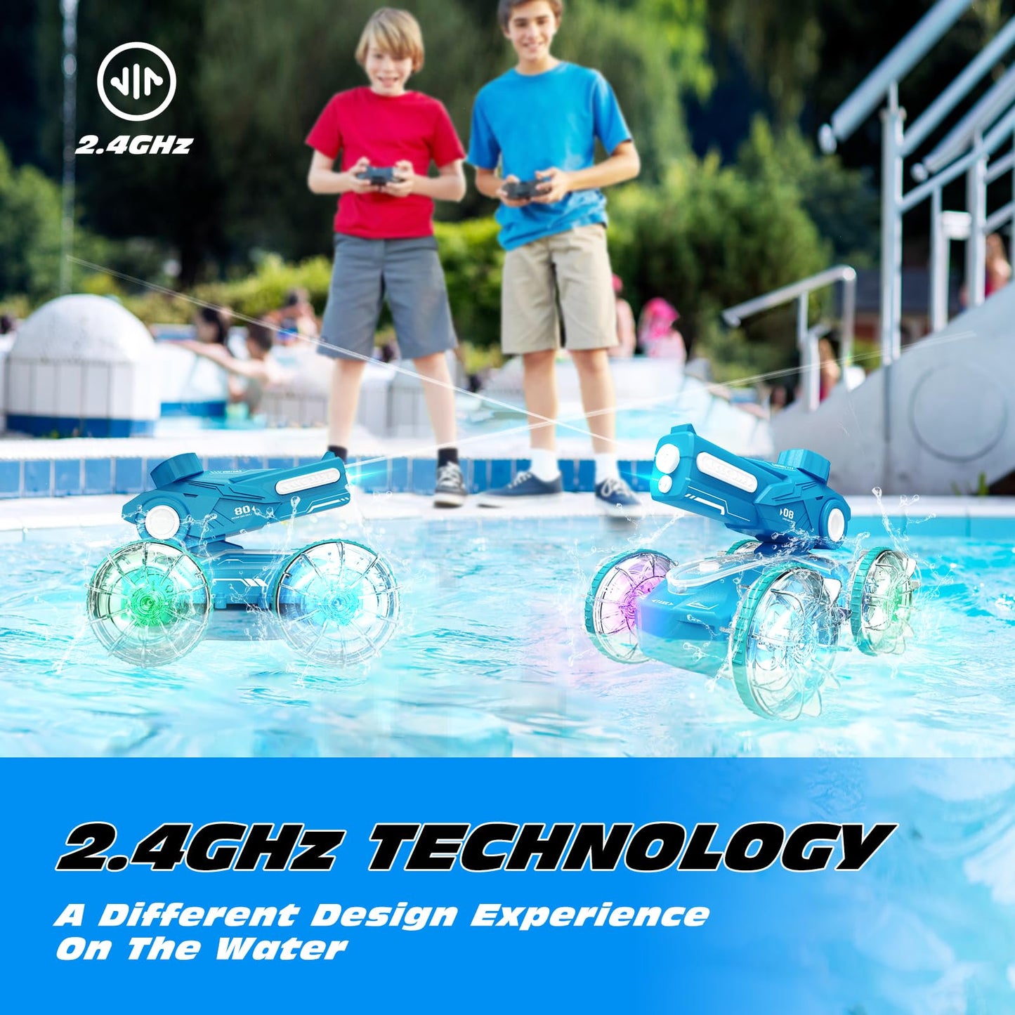 Tecnock Amphibious Remote Control Car Boat for Kids, 2.4GHz 4WD Water Squirt RC Stunt Car with LED Lights, 45-Minute Playtime, P