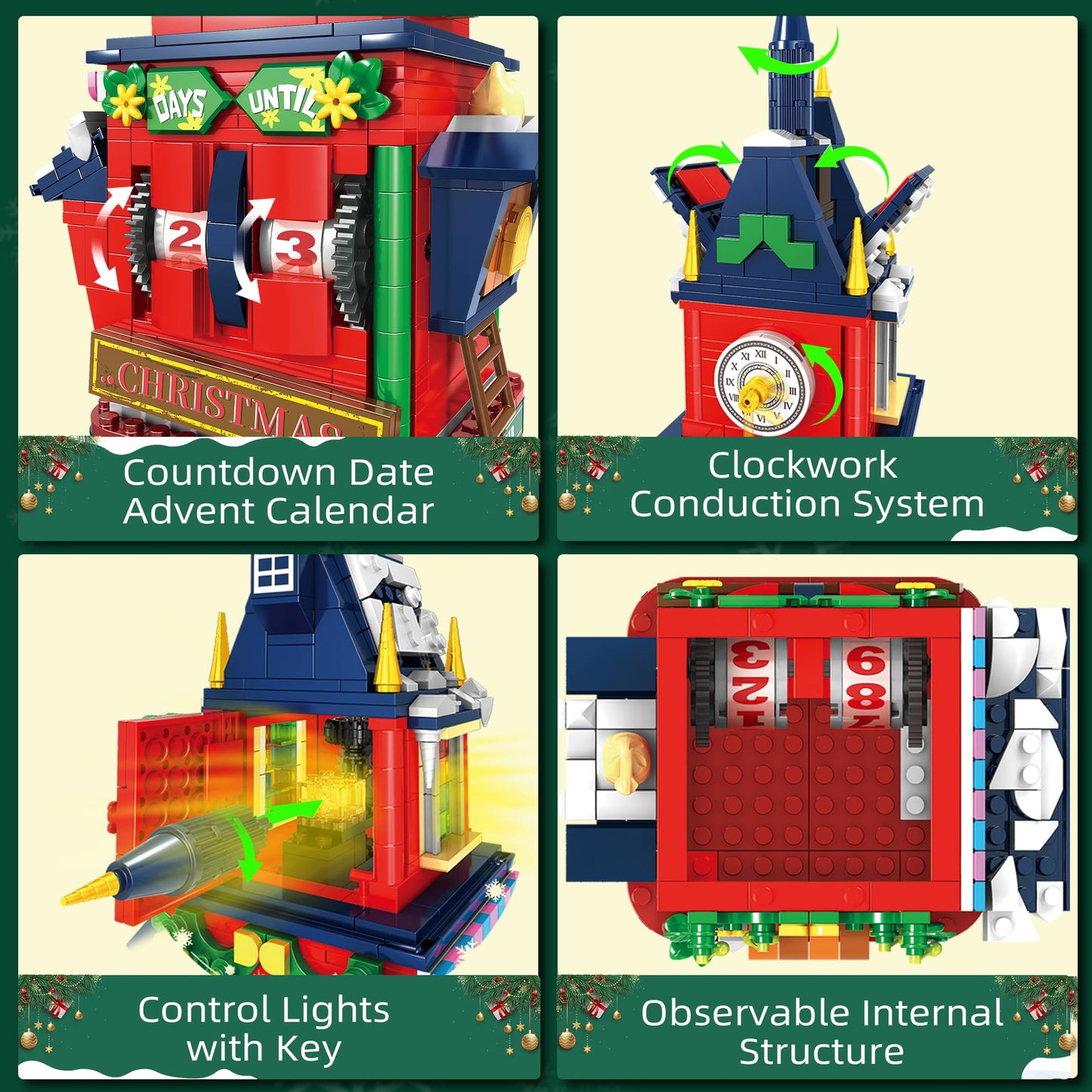 Christmas Countdown Tower House Building Toys - LED Light Christmas Village House Building Set with Countdown Clock  Festival Model Gift Idea for Kids 6+