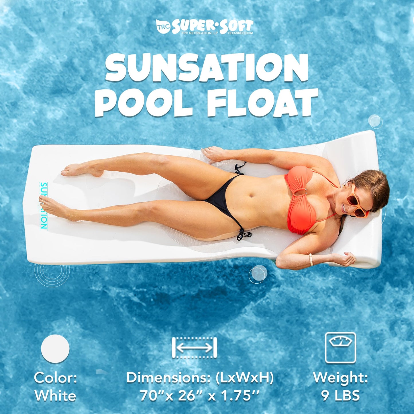 TRC Recreation Sunsation 1.75  Thick Vinyl Coated Foam Swimming Pool Float Mat mature-themed Lounger with Built-In Roll Pillow  White