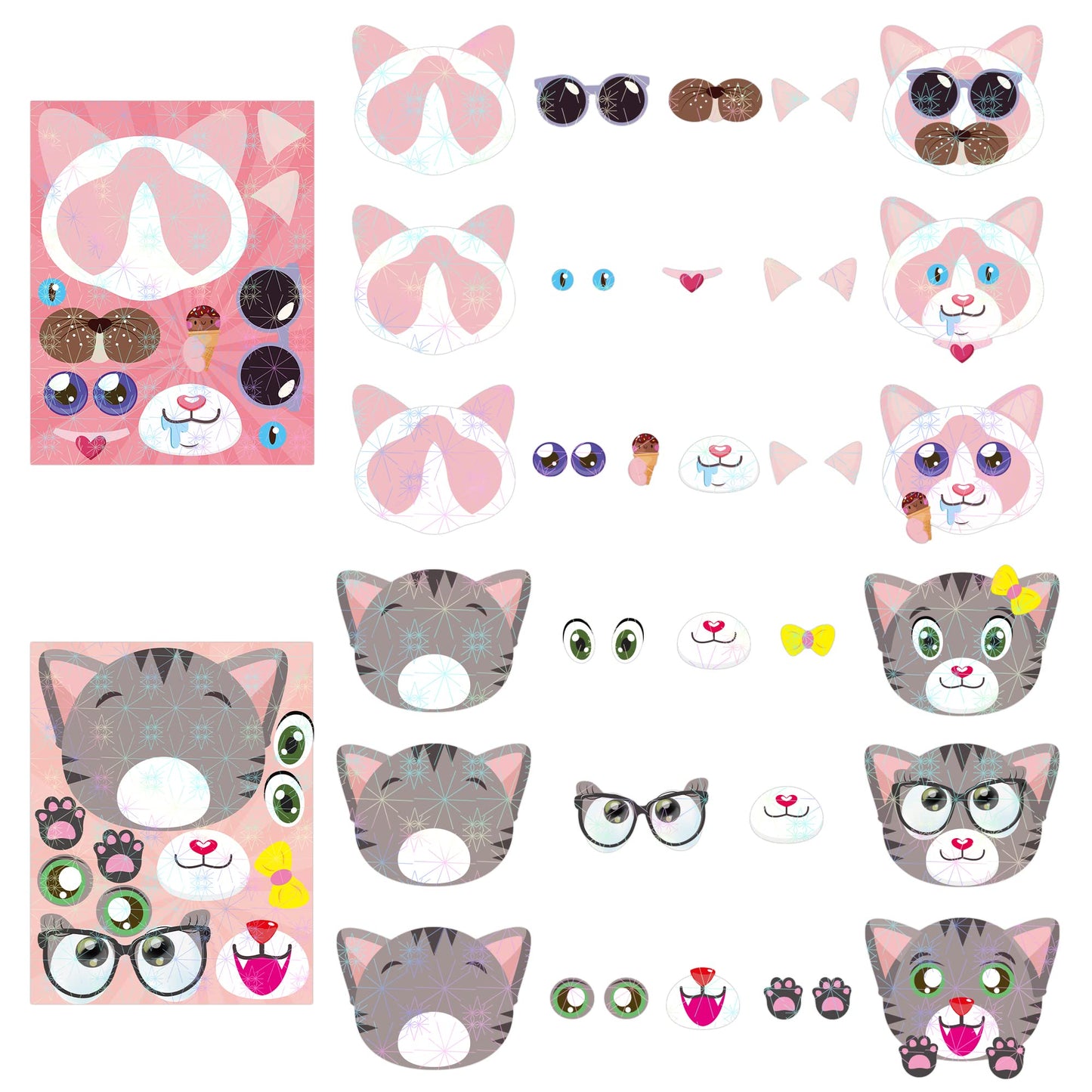 Hubirdsall 45Pcs Cats Make-A-Face Stickers Make You Own Cats Holographic Stickers Games School Activity Reward For Kids Teacher Art Craft Birthday Gift Party Favors Room Decor Sticker For Children