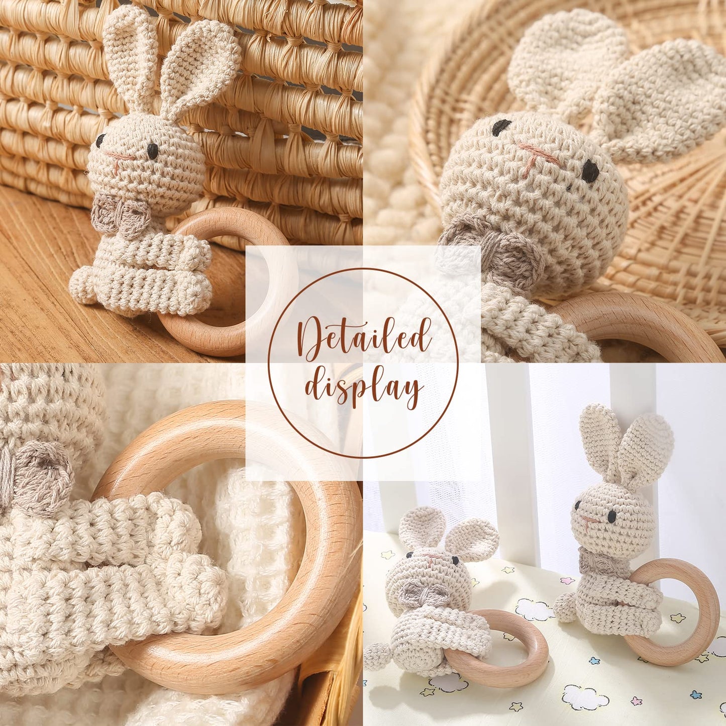 Wooden Teether Crochet Baby Rattle, Crochet Baby Toys, Organic Wooden Newborn Toys, Newborn Animal Rattle Toys,Knitted Stuffed Animals Gifts For Baby, Lovely Bunny
