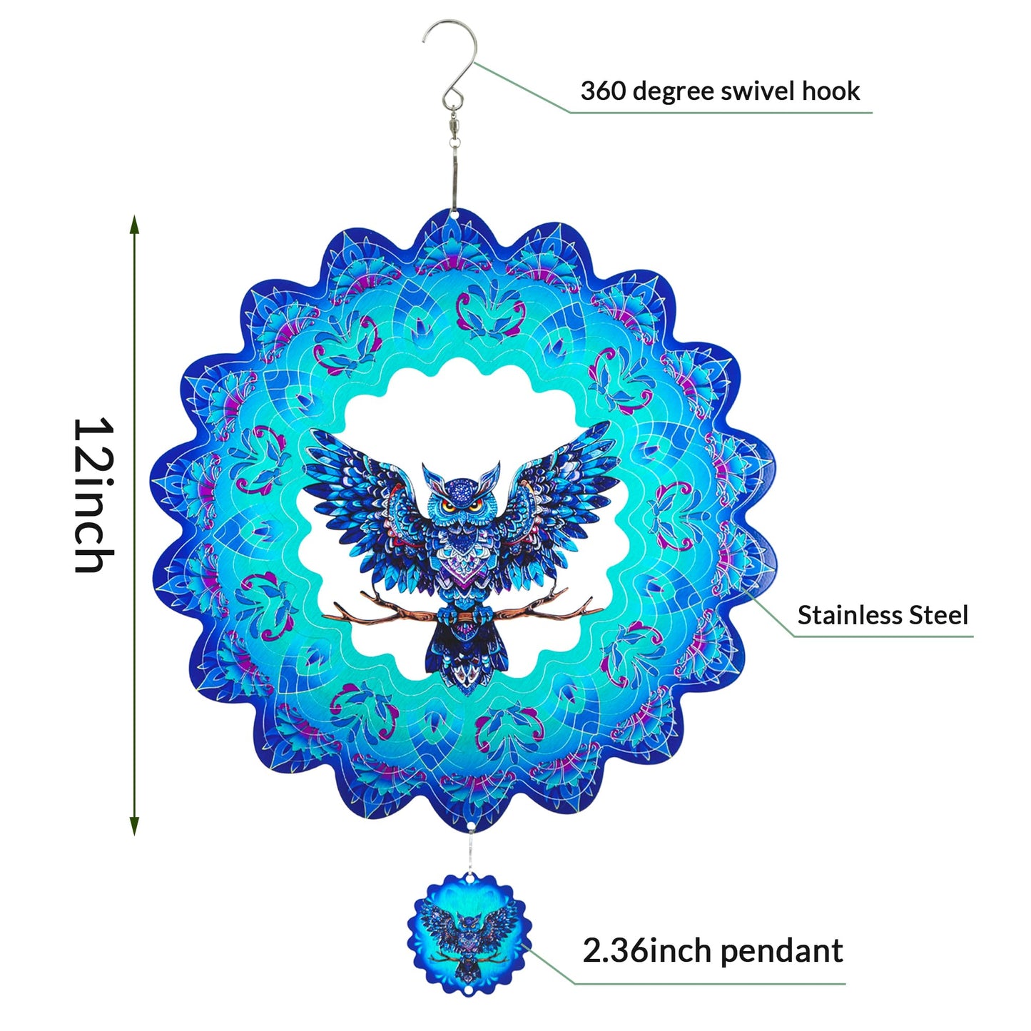 Owl Gifts For Women Men, Owl Hanging Wind Spinners Outdoor, 12Inch 3D Stainless Steel Reflective Wind Spinners Garden Decor