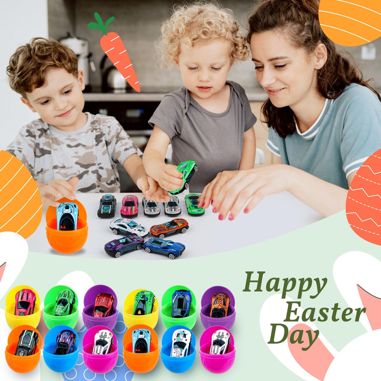 Konijiwa 12 Packs Prefilled Easter Eggs with Car Toys, Easter Basket Stuffer,Party Favors for Kids Classroom,Toys for 3+ Years O