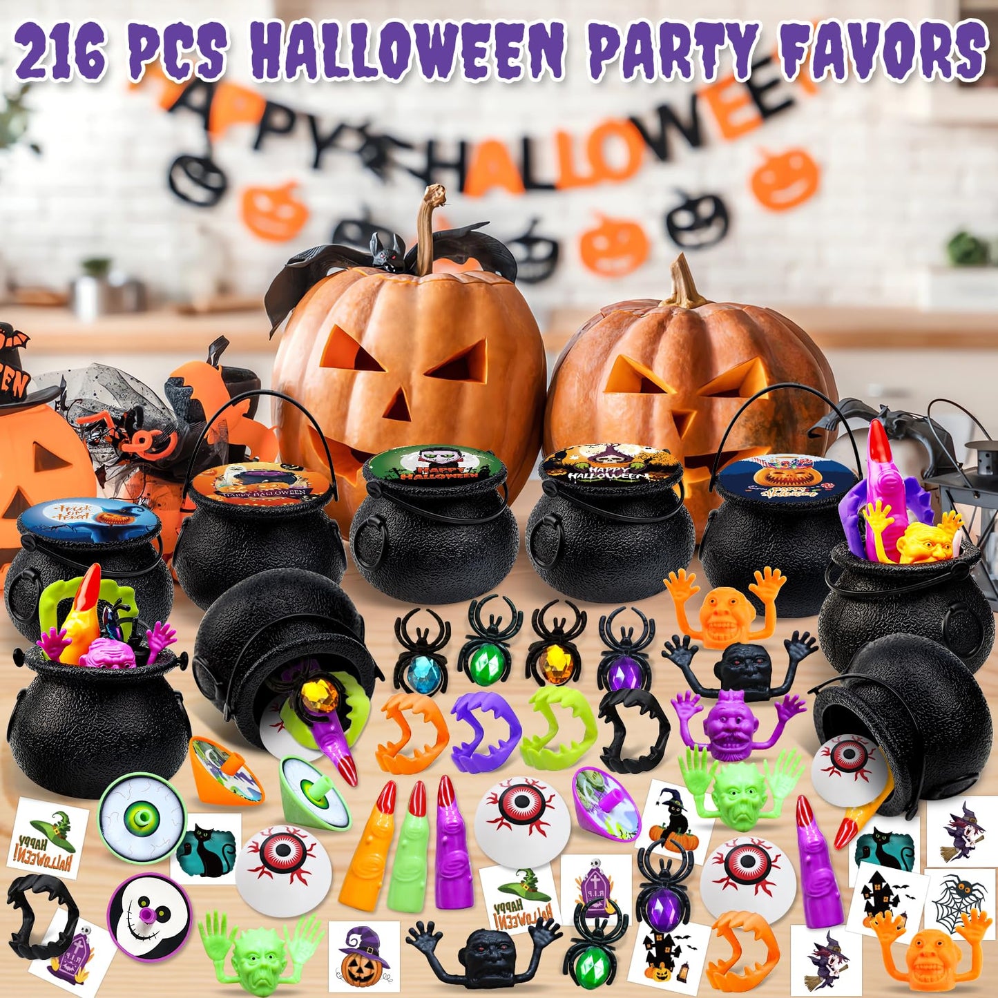 216PCS Halloween Party Favors 24 Pack Prefilled Small Plastic Witch Cauldron Halloween Toys Bulk Halloween Goodie Bag Fillers Ha