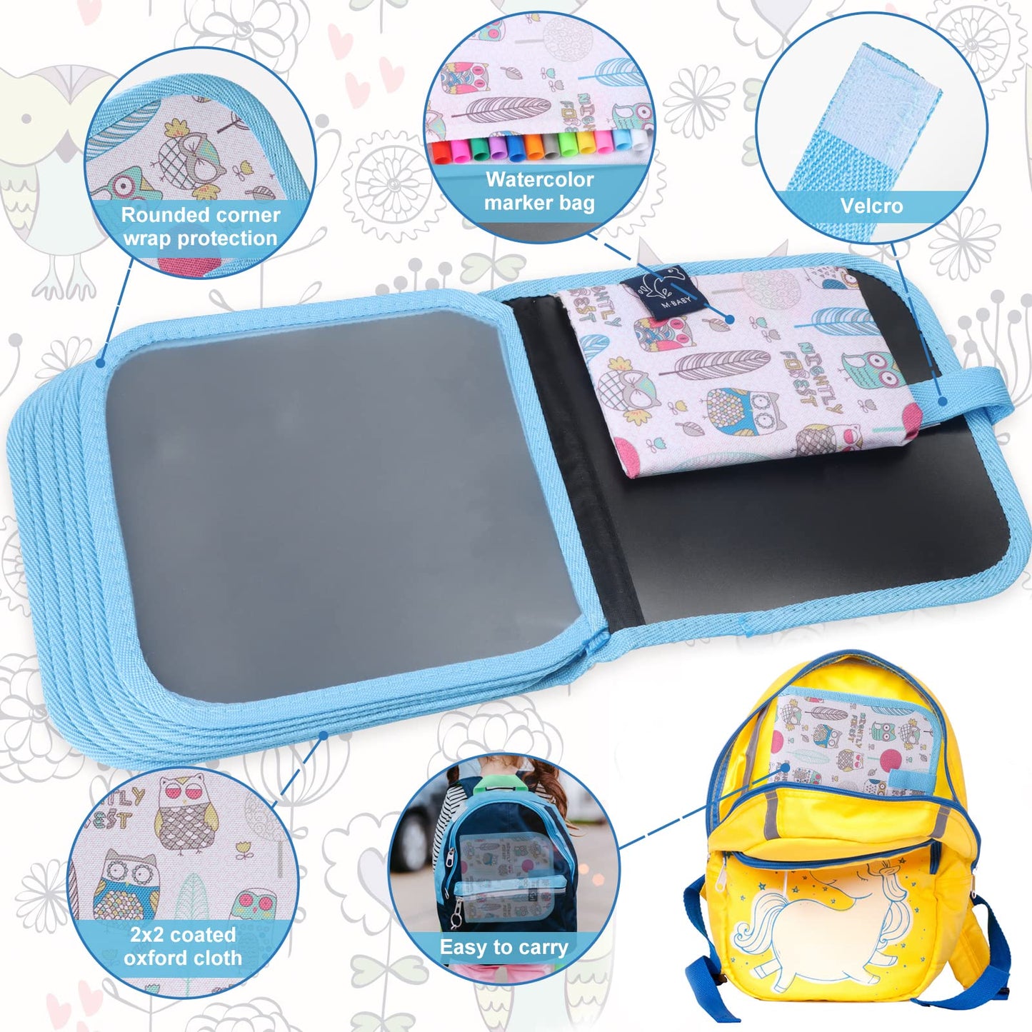 Qrytoi Erasable Kids  Doodle Set, Magic Drawing Book, Reusable 12 Watercolor Pens, 14 Page Car Game Set (Owl Blue)