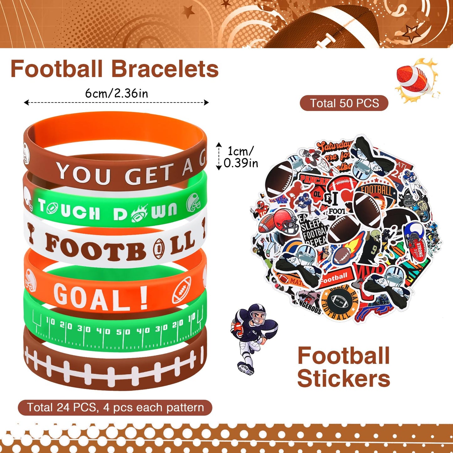Aoriher 194 Pcs Football Party Favors Set Football Goodie Bag- Silicone Charm Bracelets, Mini Bouncy Balls, Toy Keychains, Non W