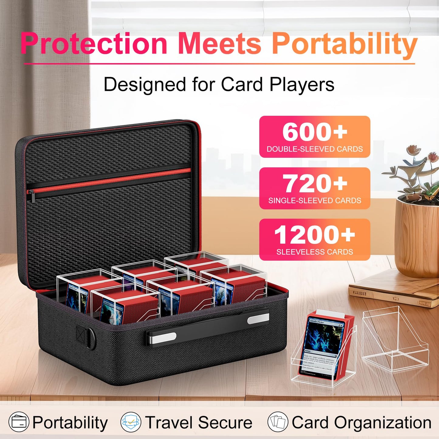 Card Deck Box With Portable Case, 6 Pack Clear Card Deck Box Holds 600+ Double Sleeved Cards, Commander Deck Box With 6 Dividers