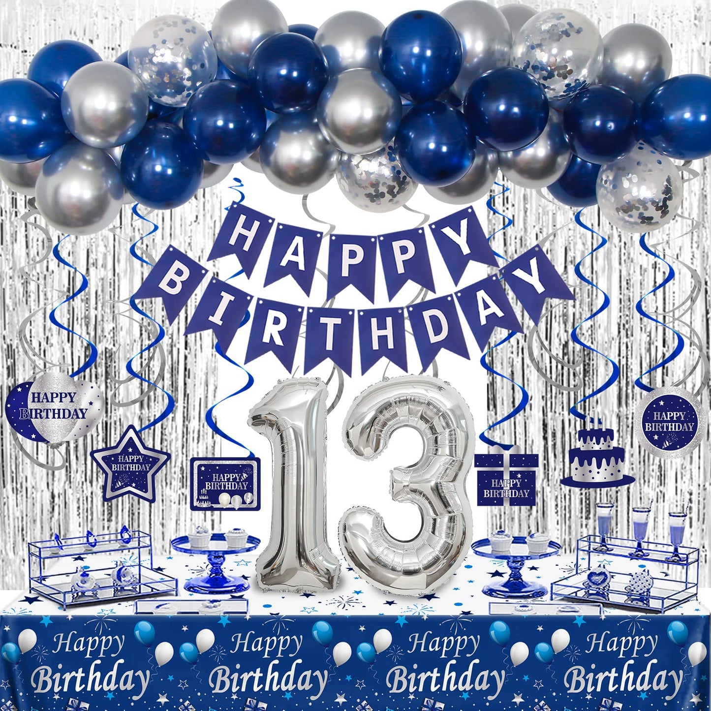 13Th Birthday Decorations For Boys And Girls Blue Silver, Happy 13Th Birthday Decorations Banner Birthday Balloons Number 13 Tab