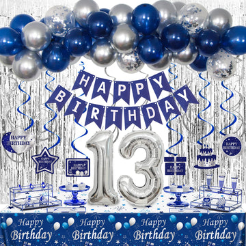 13Th Birthday Decorations For Boys And Girls Blue Silver, Happy 13Th Birthday Decorations Banner Birthday Balloons Number 13 Tab